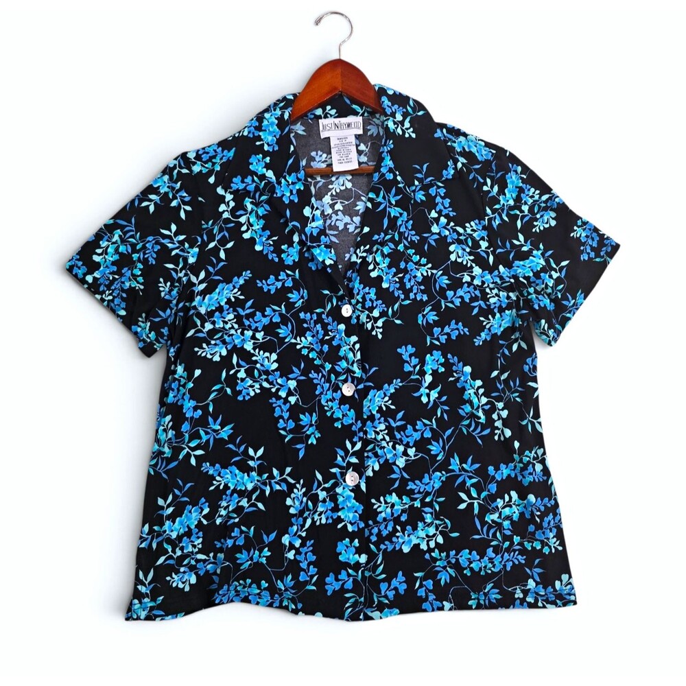 Vintage Just In Time Blue Botanical Button Down Blouse Shirt Size 14